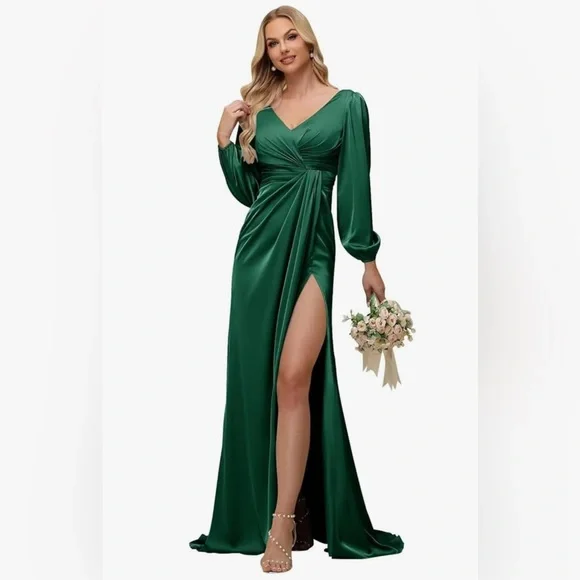 New Lavetir Women's Dress Sheath/Column V-Neck Long Sleeves Formal Green Size 6 - Picture 2 of 11